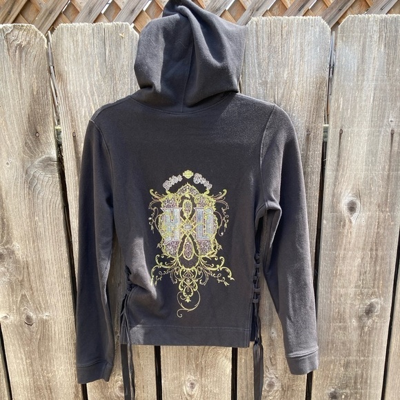 Women's Harley Davidson Hoodie Spell-Out Double Side M Lace Biker Full Zip Cycle - Picture 12 of 16